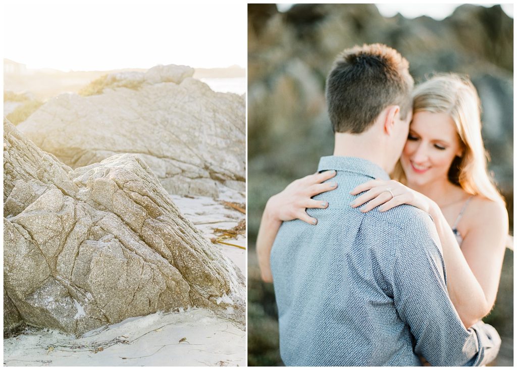 sandy rocks of Pebble Beach next to a portrait of the couple in each other's arms by film photographer Ags Photo Art