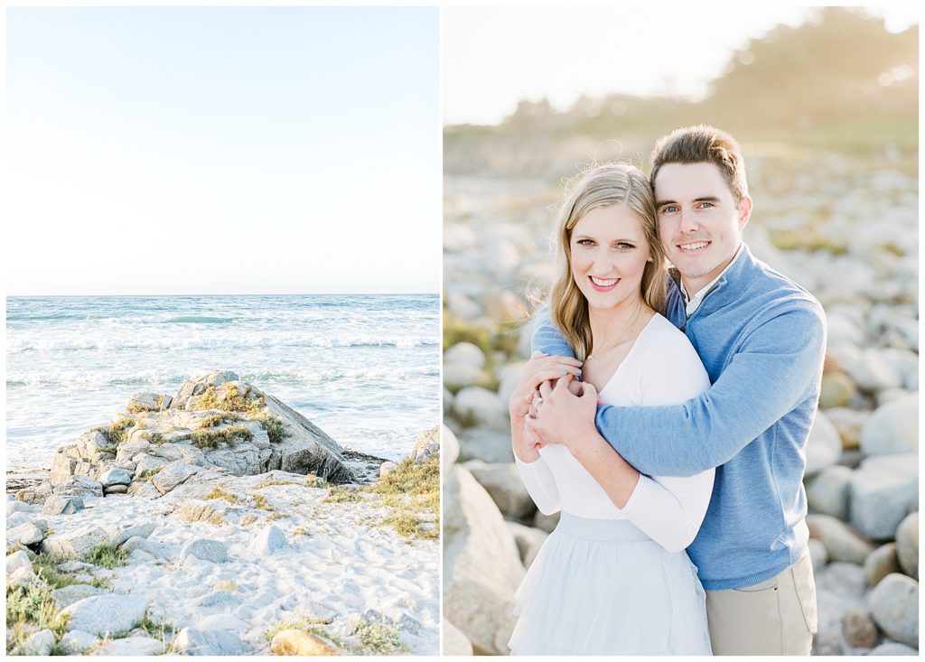 photo of rocky and white sandy shoreline overlooking the blue waves of Pebble Beach with a portrait of the couple smiling at the camera while in each other's arms by film photographer Ags Photo Art