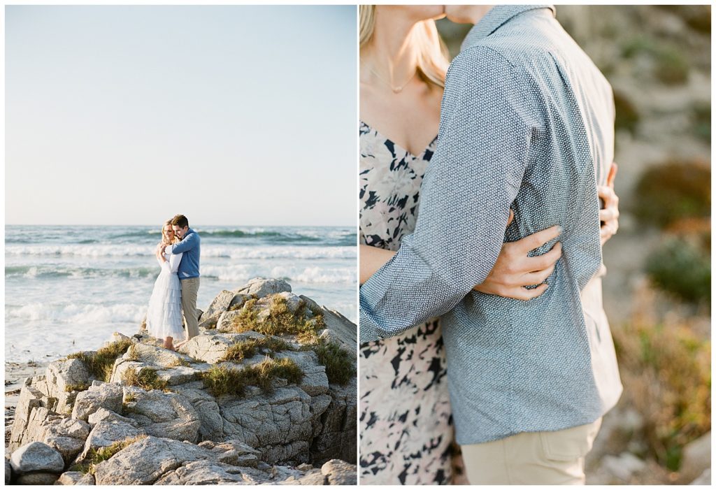 couple in each other's arms standing on top of the rocks of Pebble Beach with the waves crashing behind them; a close up photo of the couple sharing a kiss with their arms at each other's waists
