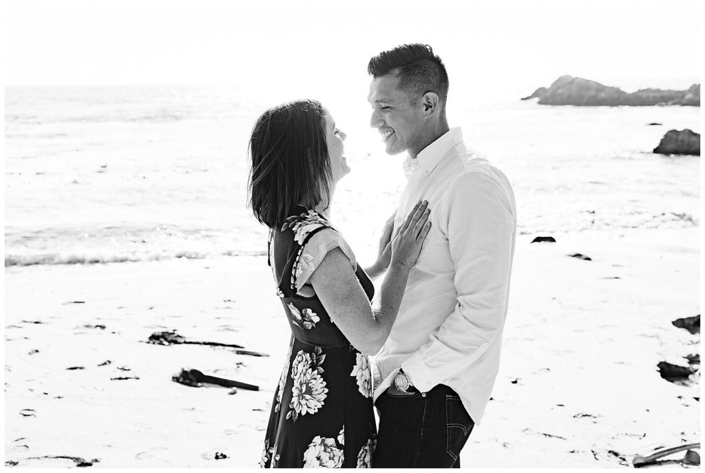 black and white couple portrait Surprise Proposal On The Sand by film photographer Ags Photo Art