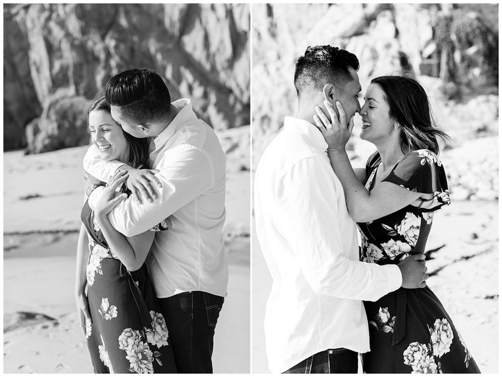 Surprise Proposal On The Sand black and white portraits of a couple in each other's arms 