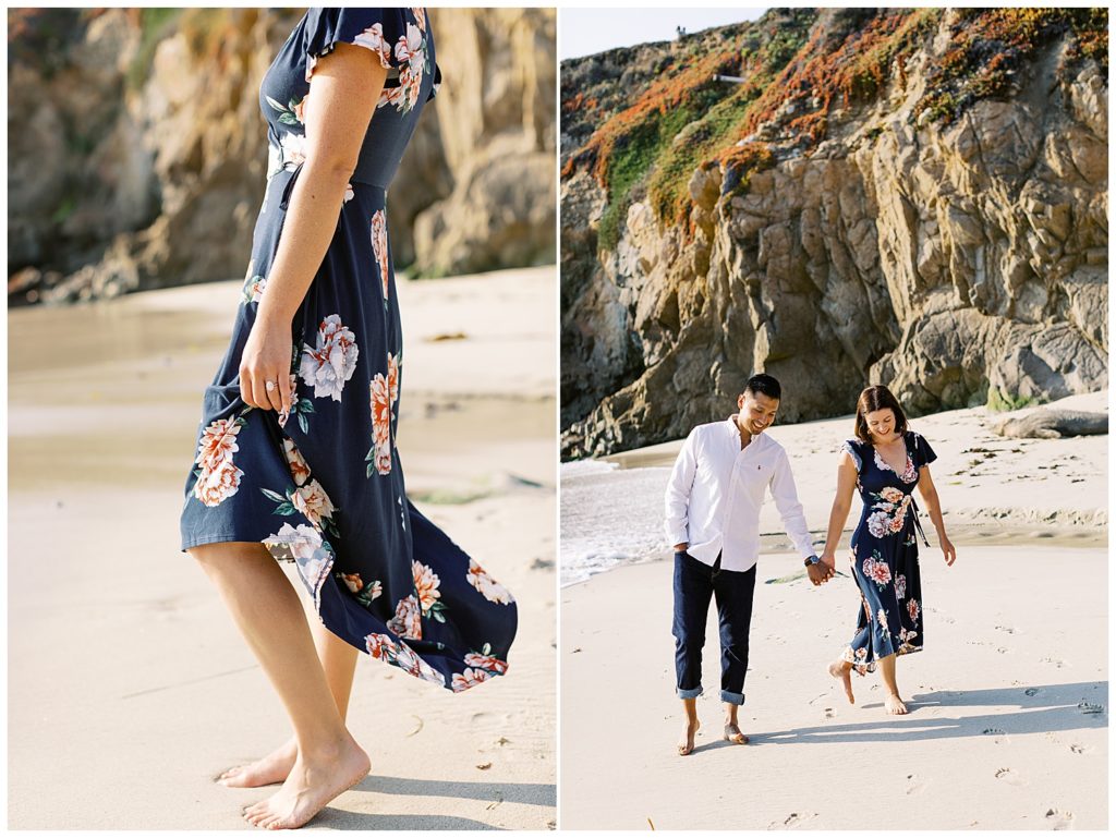 close up profile photo of the newly engaged woman standing on the shoreline after her Surprise Proposal On The Sand side by side with another portrait of the couple smiling while holding hands and walking down the beach