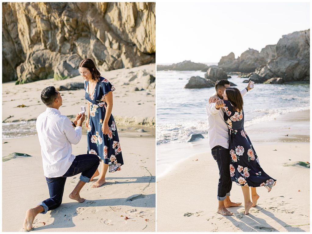 Surprise Proposal On The Sand with the man on one knee to the woman then her happily wrapping her arms around him
