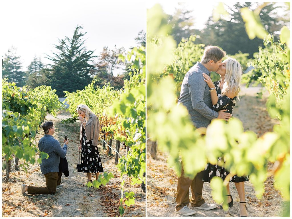 man on one knee proposing to his fiancée in the vineyards of Folktale Winery, they celebrate their engagement with a kiss