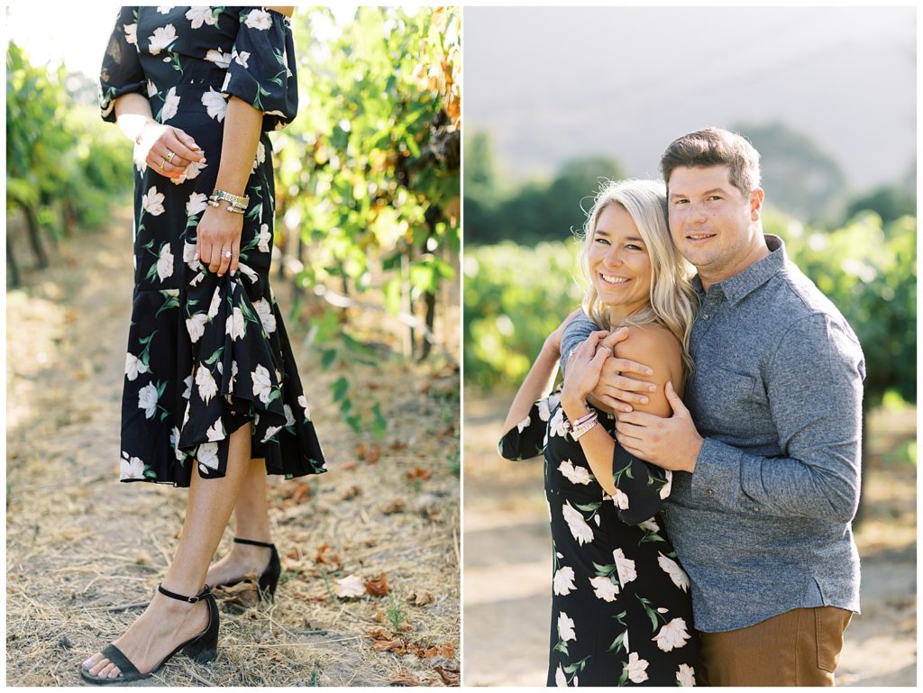 portrait of a woman in the Folktale Winery gardens from the shoulders down with a focus on her engagement ring, side by side with another portrait of the woman now from the waist up in her fiancé's arms