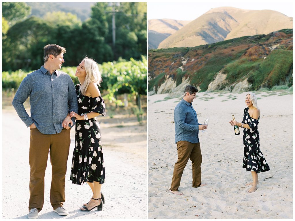couple portraits at Folktale Winery and Garrapoda State Park Beach where they are opening a bottle of wine and holding wine glasses by film photographer AGS Photo Art