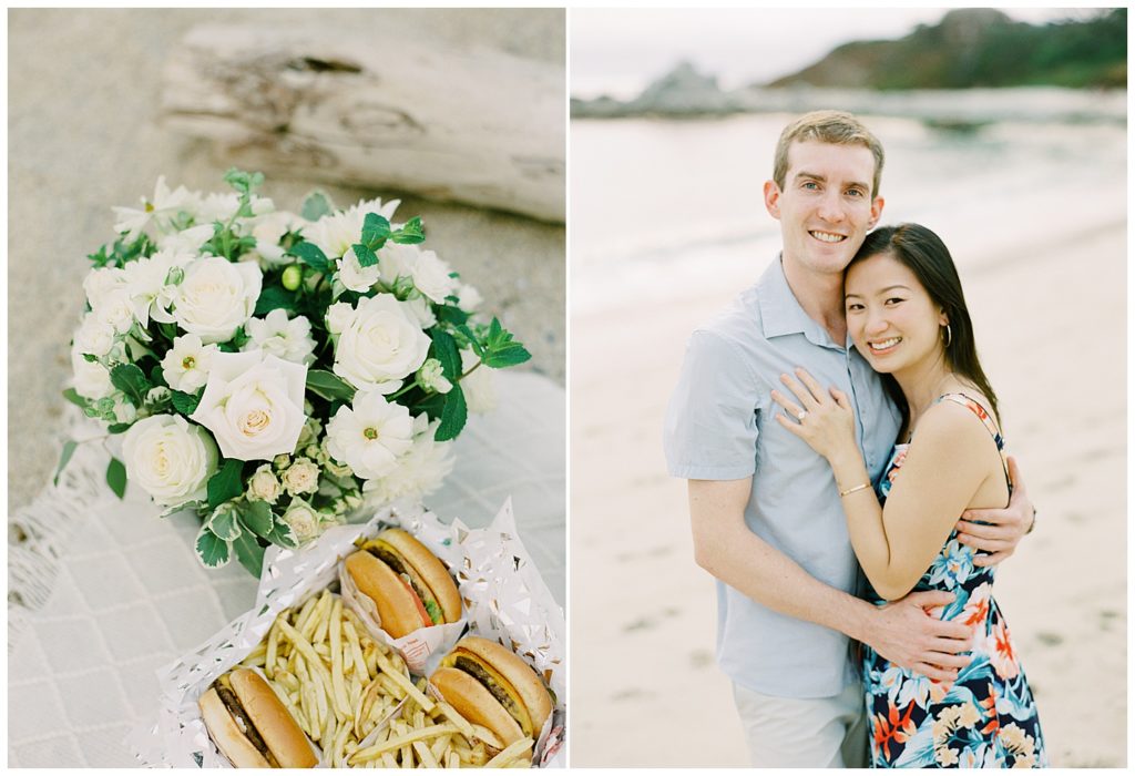 side by side photos of a vase full of white roses and their green leaves next to a box of In N Out burgers and fries, and then a couple portrait with the man and woman in each other's arms smiling at the camera by film photographer AGS Photo Art