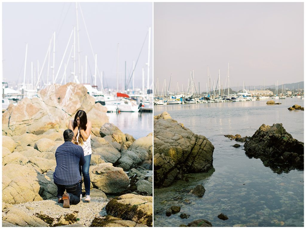 two side by side portraits of the man proposing on one knee for their Beautiful And Whimsical Monterey Surprise Proposal, the other portrait is portrait view of the pier with sailboats docked by film photographer AGS Photo Art