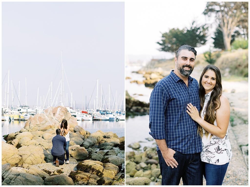 portrait of the couple's proposal side by side with a portrait of them on a rocky river path