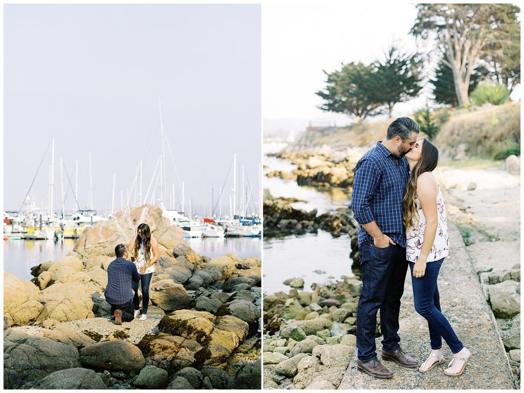 couple portraits on the rocks of their proposal and them sharing a kiss by film photographer AGS Photo Art