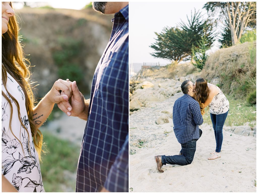 couple holding hands with an emphasis on her new engagement ring after their Beautiful And Whimsical Monterey Surprise Proposal, another portrait of the woman kissing her fiancé who is still on one knee after proposing to her by film photographer AGS Photo Art