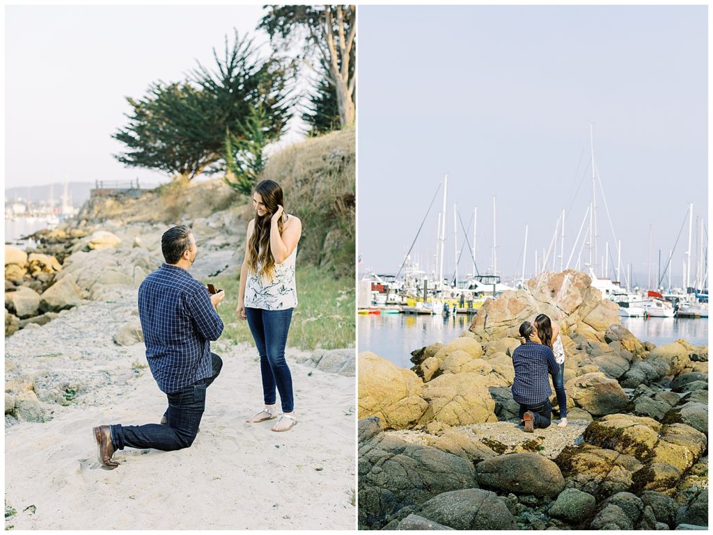 portraits of the man on one knee proposing, another portrait of the couple kissing on the rocks with sailboats in the background