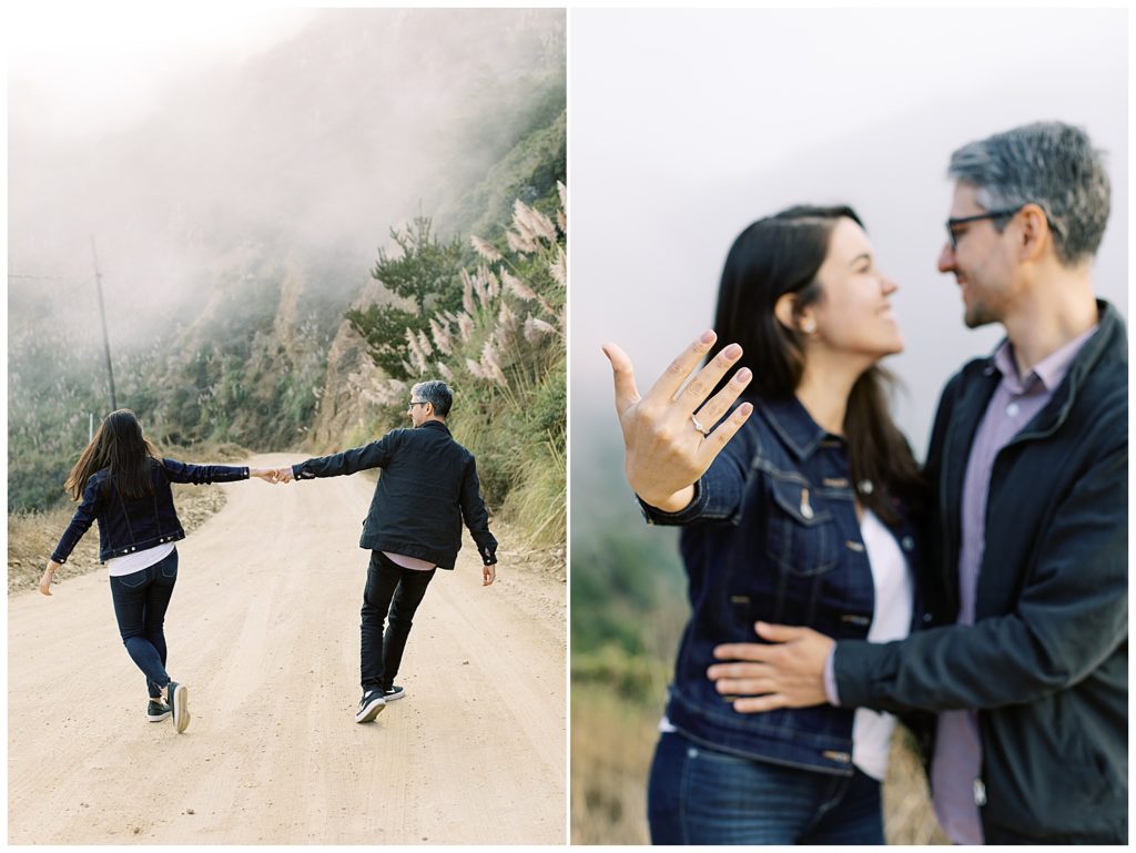 couple hand in hand and arm in arm after their surprise proposal at the Bixby Bridge in Big Sur, focused shot on the fiancée's ring