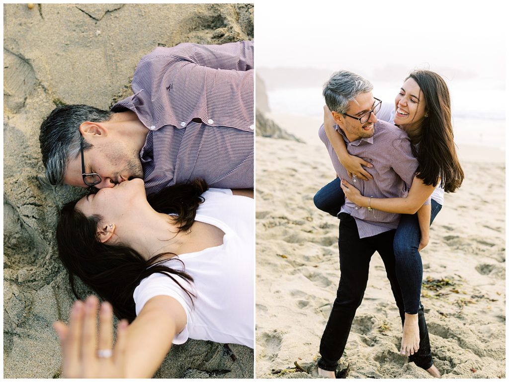 couple sharing a kiss while laying in the sandd, then the man gives his fiancée a piggyback ride and they grin at one another by film photographer AGS Photo Art