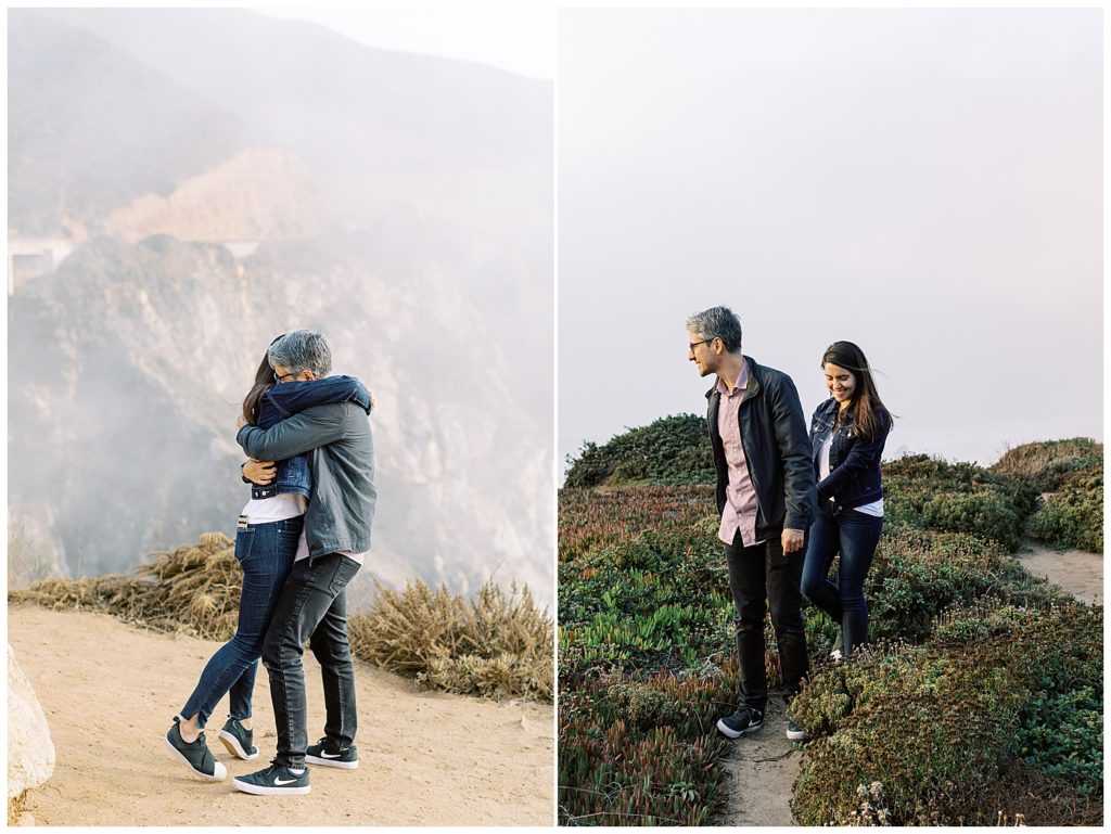 the woman embracing her fiancé after his surprise proposal in Big Sur, CA on the Bixby Bridge by film photographer AGS Photo Art