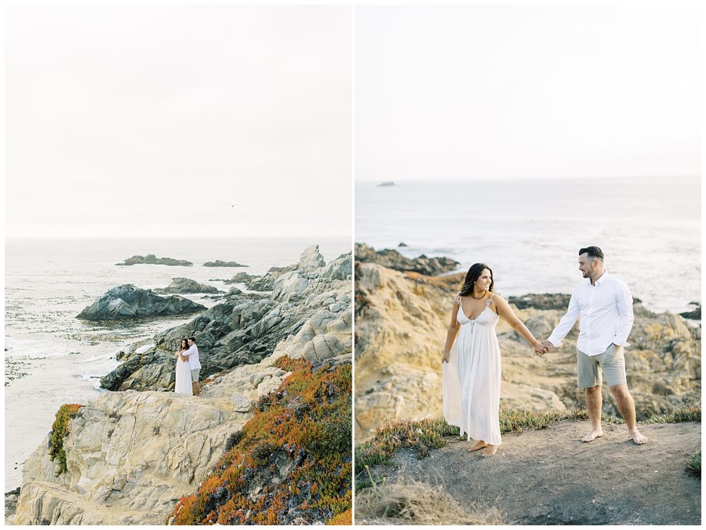 Two photos; the left showing the couple from far away standing on the rocky cliffs of Big Sur's beach; the right photo shows them walking hand in hand with the Pacific behind them