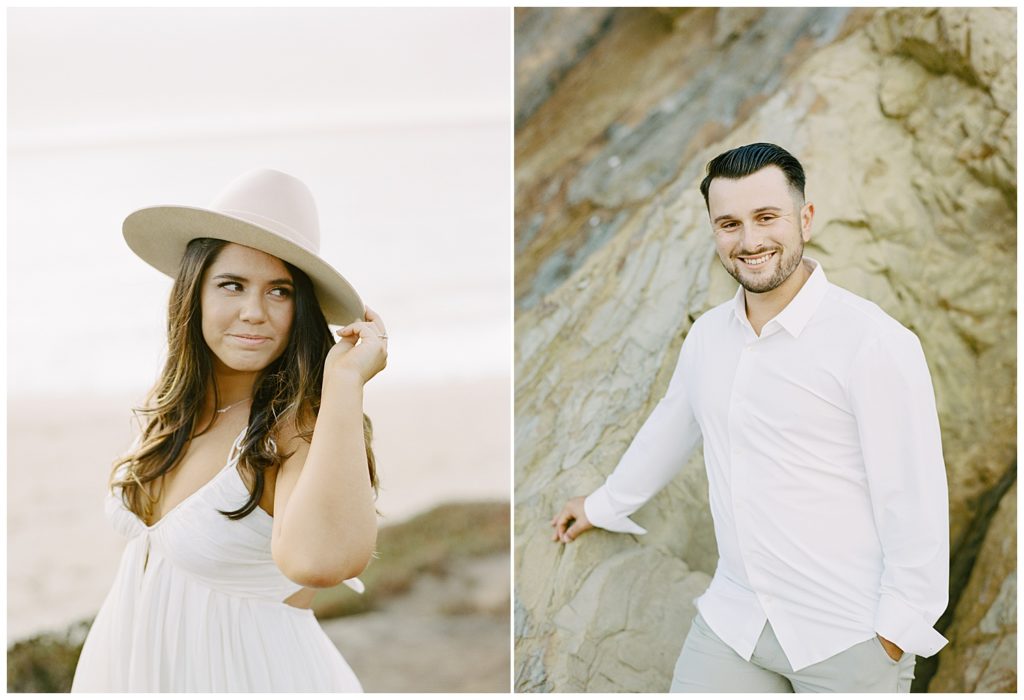Portraits of the newly engaged couple; the woman with a beige hat that she tilts to the side as she smiles over her shoulder; the man in a white dress shirt smiling at the camera by film photographer AGS Photo Art