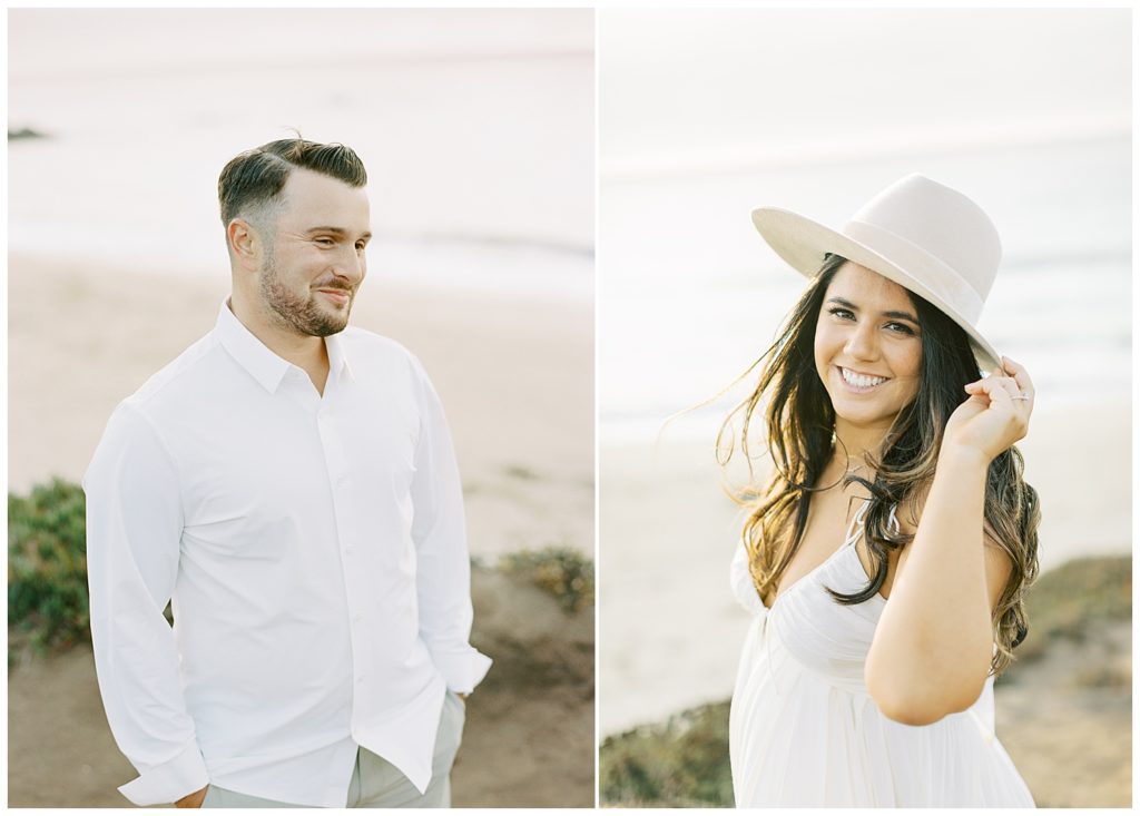 Portraits of the newly engaged couple; the man in a white dress shirt smiling off to the side; the woman with a beige hat that she tilts to the side as she smiles at the camera; by film photographer AGS Photo Art