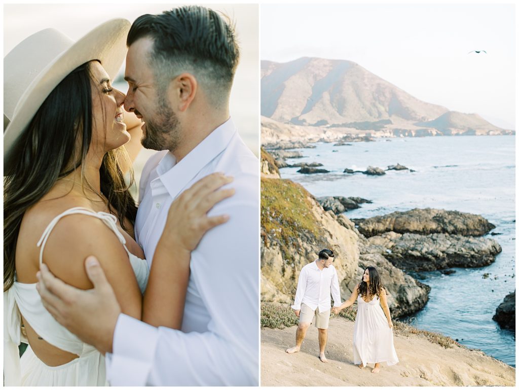 2 photos of A Lovely Engagement In Beautiful Big Sur, California; the left photo shows the couple embracing and smiling with their noses touching; the right photo shows the couple hand in hand making their way up a sandy path with the Big Sur rocks and water behind them