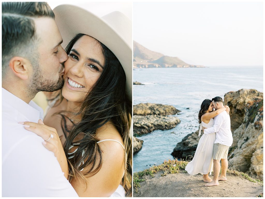 The left photo shows the man kissing his fiancée on the cheek while she smiles at the camera; the right photo is of the couple embracing with their foreheads touching and the Big Sur waves behind them