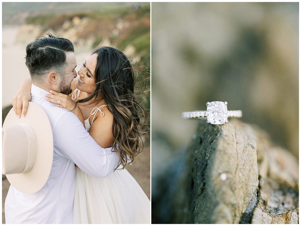 The left photo depicts the couple embracing in delight during their lovely engagement in beautiful Big Sur; the right photo is a close up on their quare cut diamond ring with diamonds on the band.