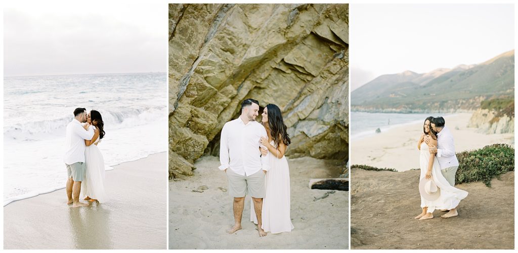 3 photos of the couple embracing on the sand and waves in light of their lovely engagement in beautiful Big Sur, California by film photographer AGS Photo Art