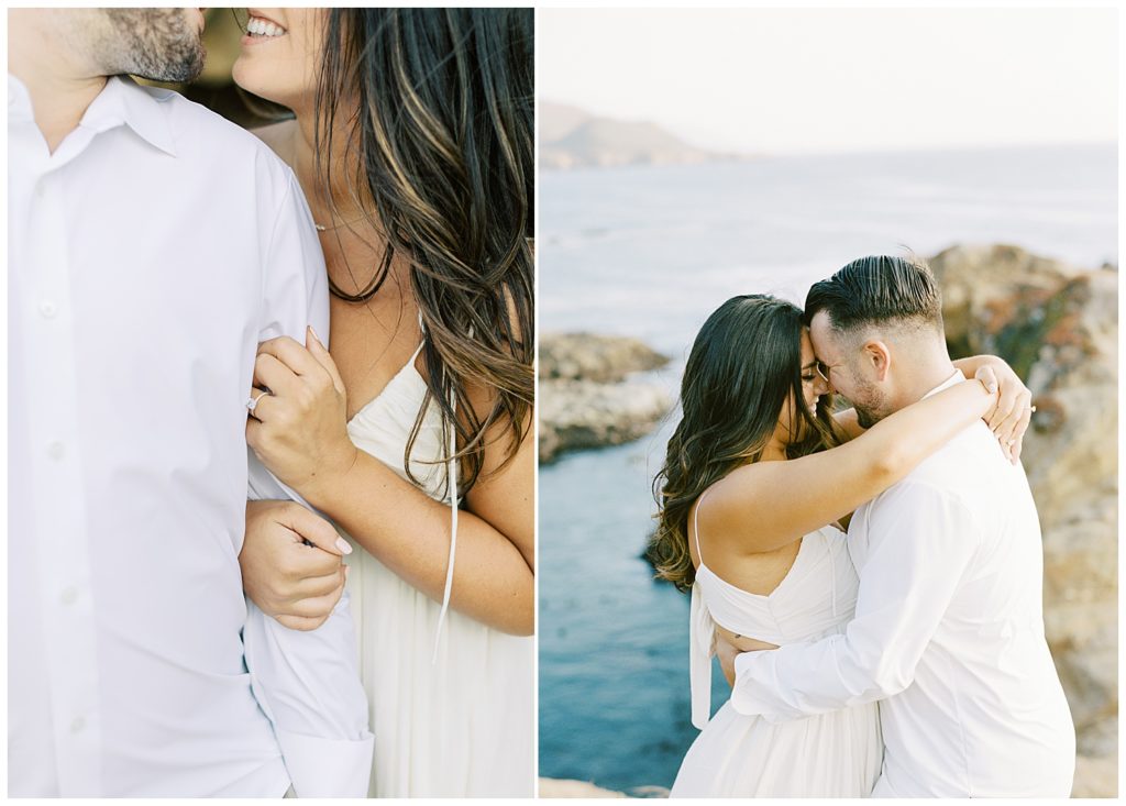 The left photo is a close up of the smiling couple in white from the shoulders down; the right photo is them smiling in each other's arms with their foreheads touching and the blue Pacfic Ocean behind them by film photographer AGS Photo Art