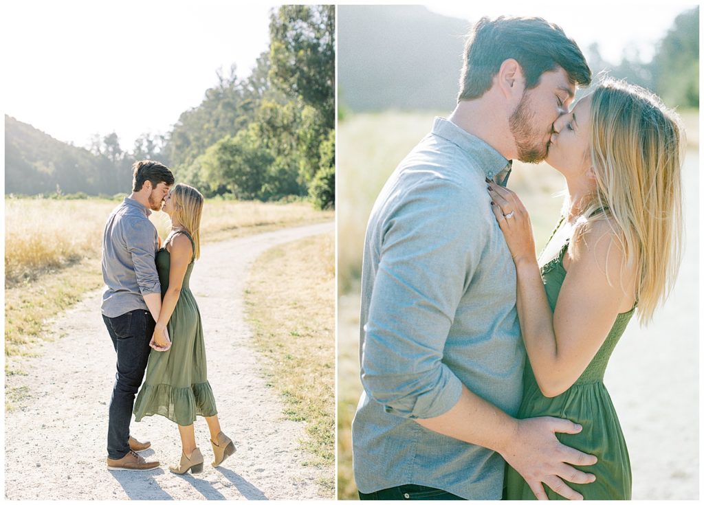 In light of their Powerful And Heartfelt Anniversary Session, the couple shares a sweet kiss in the sun surrounded by golden fields, green forests, lit up by the sunshine by film photographer AGS Photo Art