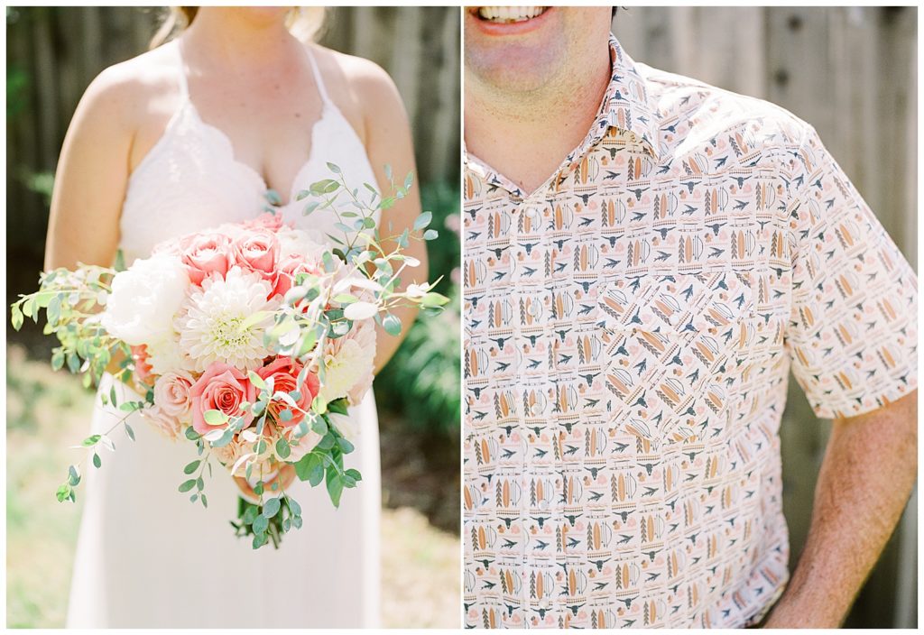 Bride and groom's attire for their wanderlust wedding in Oakland; the bride in her white gown with a scallop neckline and bouquet of pink roses and other white flowers. The groom smiling in a cream, navy and orange dress shirt by film photographer AGS Photo Art