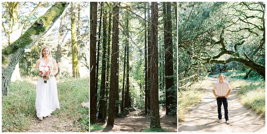 The left photo is of bride walking under a moss-covered tree holding her bouquet; the center photo is the view of the rustic woodland trails in Joaquin Miller Park in Oakland, CA; the right photo is the groom smiling at the camera with a tunnel of trees and branches in the background
