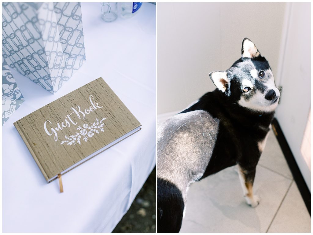 The wooden and white guest book for the couple's wanderlust wedding in Oakland; a black Shiba Inu looking up curiously at the camera