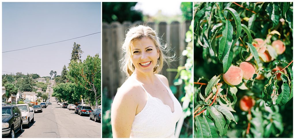 A view of a long road outside the couple's private Oakland, CA wedding; a portrait of the smiling bride in her backyard; a close up of peaches in the tree by film photographer AGS Photo Art