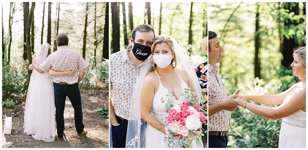 The bride and group arm in arm after their wanderlust wedding in Oakland with their masks on, the groom's being black and reading "groom" and the bride's being white and lacy