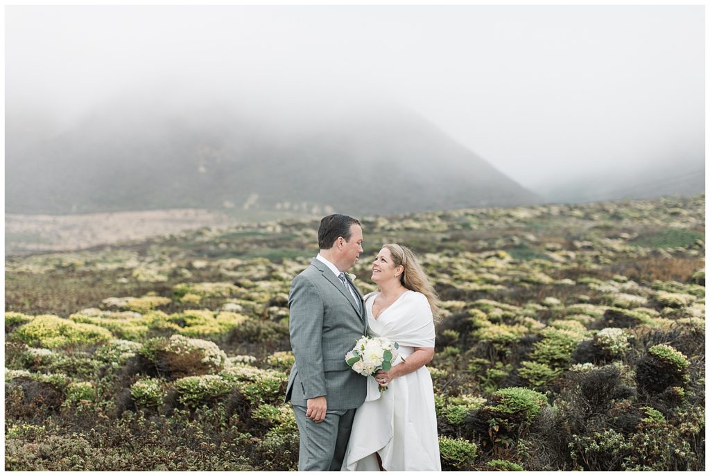 Big Sur, CA elopement portrait of the bride and groom standing in a green field with misty mountains in the background by film photographer AGS Photo Art