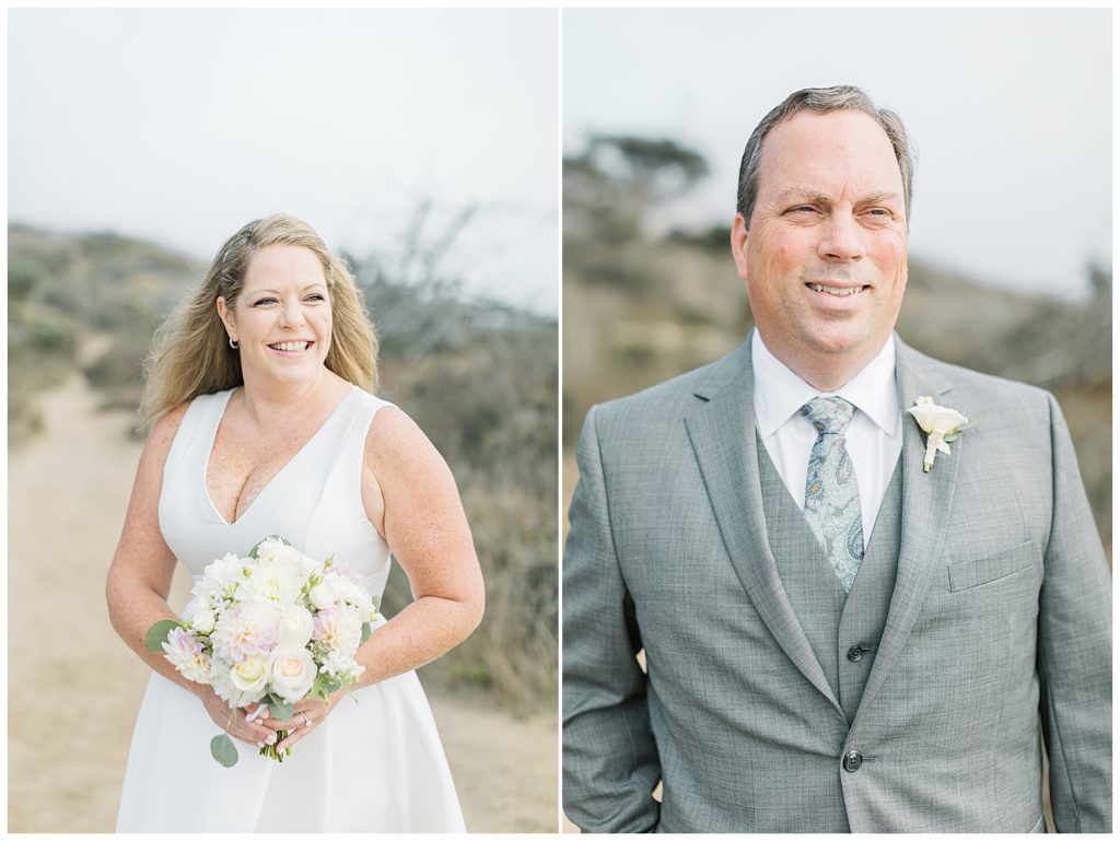 solo portraits of the bride and groom; the bride in a white gown with a white bouquet, the groom in a light gray suit and tie with a white flower boutonière by film photographer AGS Photo Art