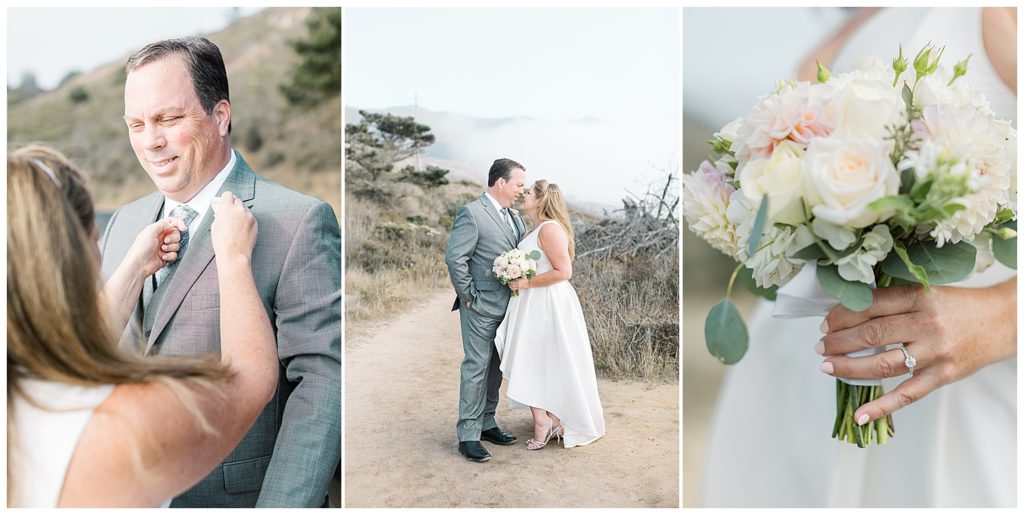 bride adjusting her groom's tie; they stand in a sandy pathway leading to misty Big Sur, CA mountains; a close up of the bride's white bouquet as well as her white diamond wedding ring by film photographer AGS Photo Art