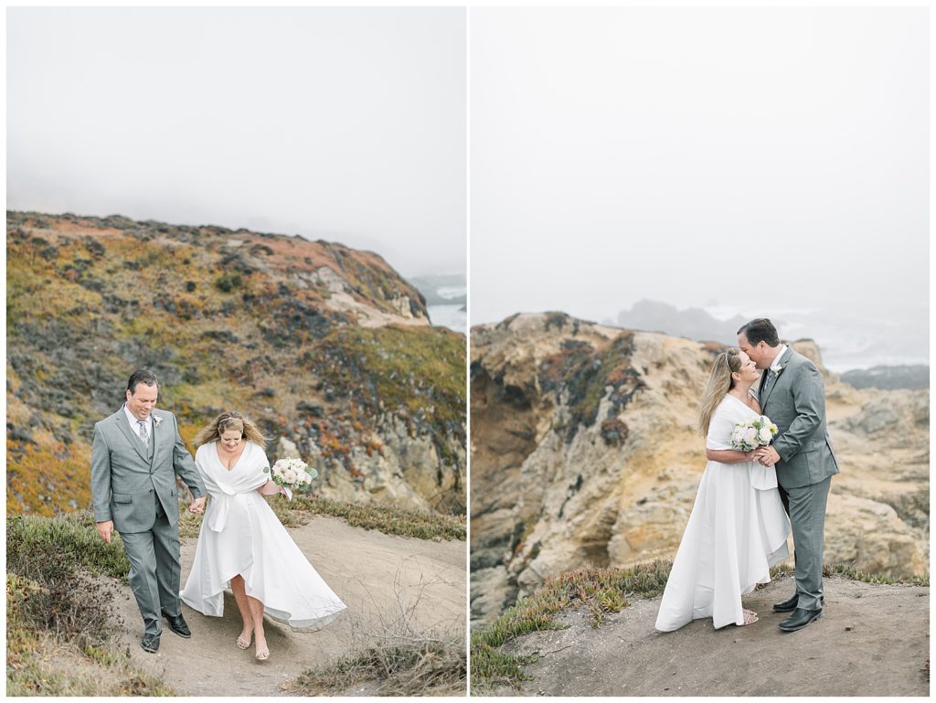 elopement portraits of the bride and groom on a sandy pathway up the rocky Big Sur, CA cliffs by film photographer AGS Photo Art