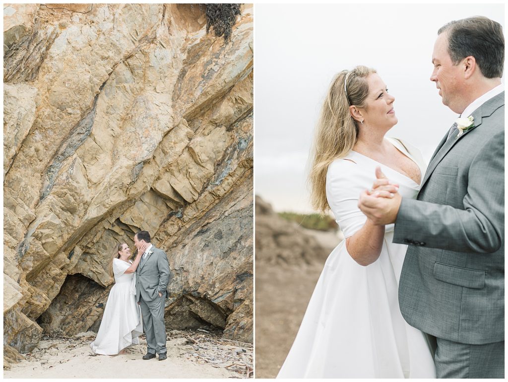bride and groom at the foot of a large rock cliff, the bride holds her groom's cheek in one hand gently and they smile at each other; in the next portrait, they're hand in hand slow dancing by film photographer AGS Photo Art