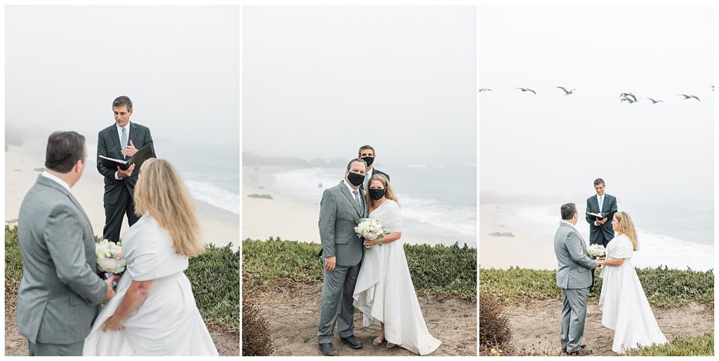 bride and groom and their officiant on the day of their Big Sur, CA elopement; a photo of the three of them smiling at the camera all wearing masks by film photographer AGS Photo Art