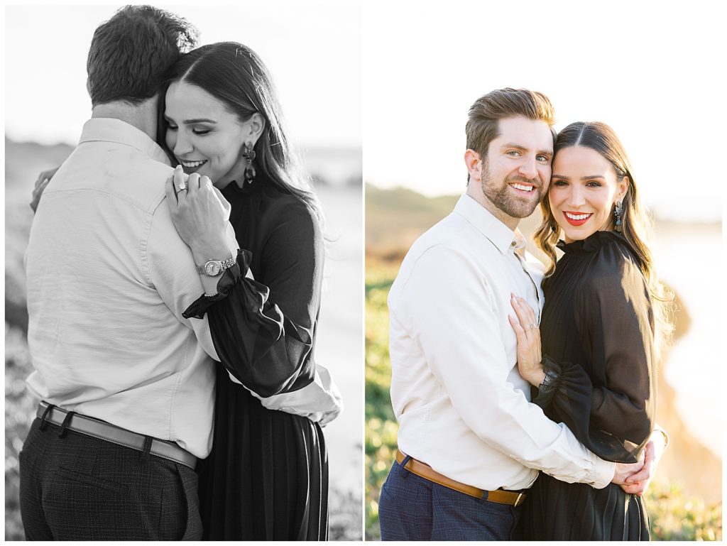 black and white couple portait and full color couple portrait of the two embracing and smiling with the sun setting behind them during their Surprise Proposal In Big Sur by film photographer AGS Photo Art