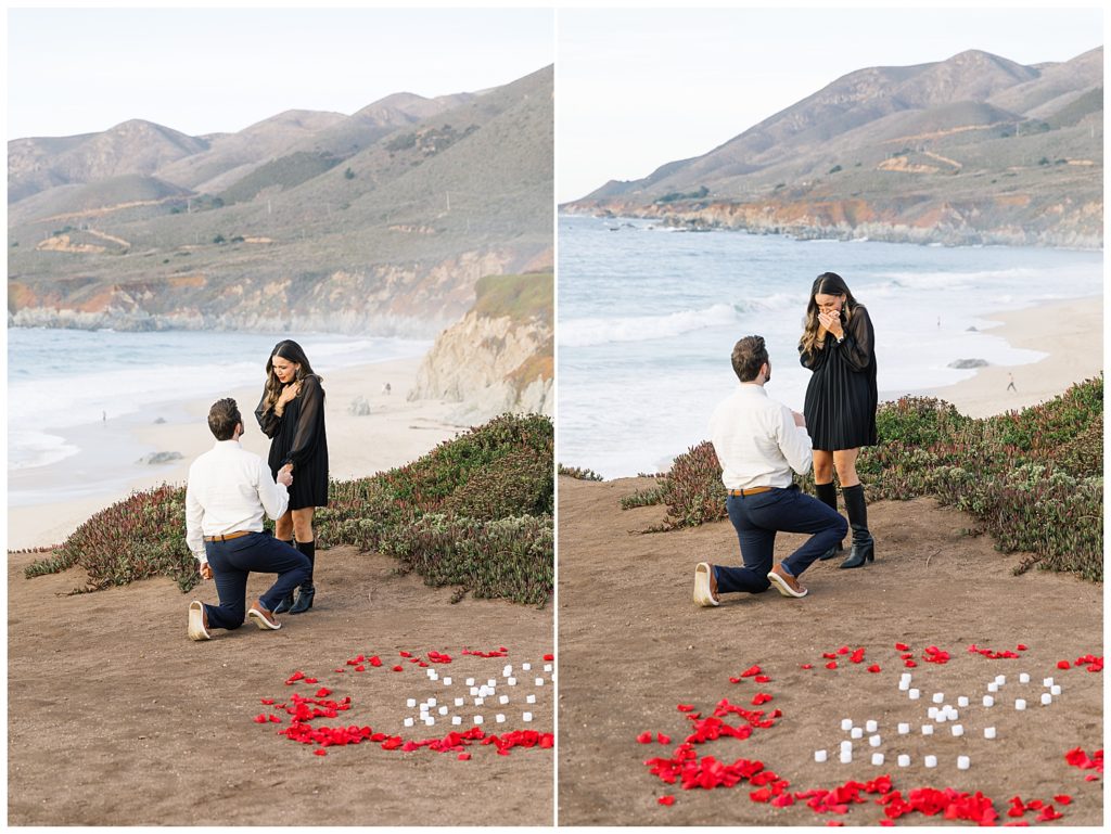 rose petal surprise proposal in Big Sur, CA on the cliffs by film photographer AGS Photo Art 
