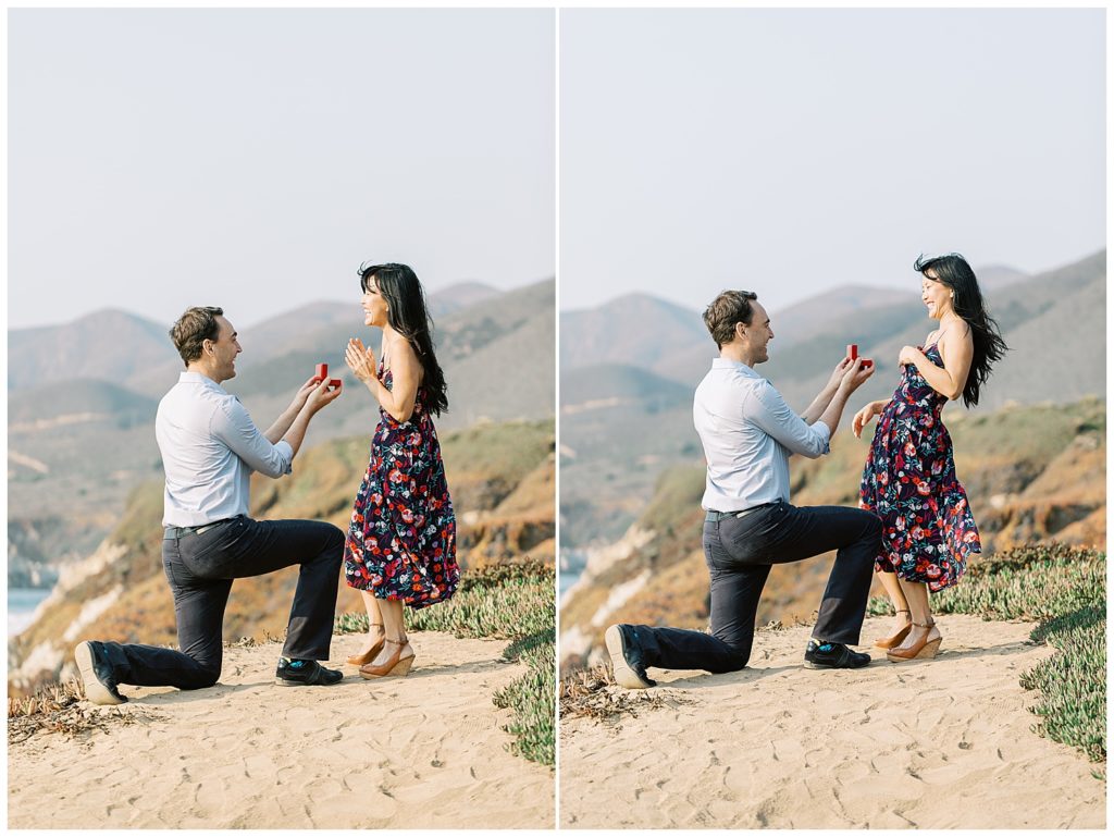 portraits of couple's Big Sur surprise proposal on green and sandy cliffs