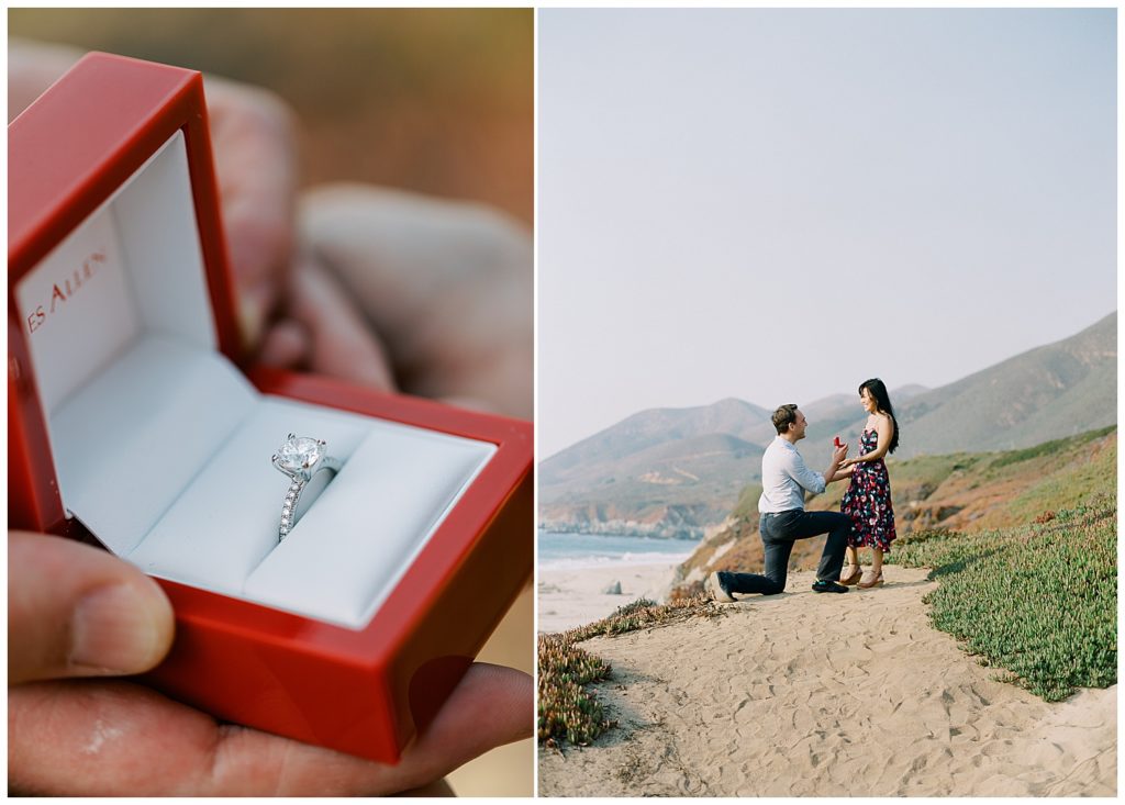close up of a red ring box with engagement ring inside; couple portrait of the man on one knee proposing to his now fiancée