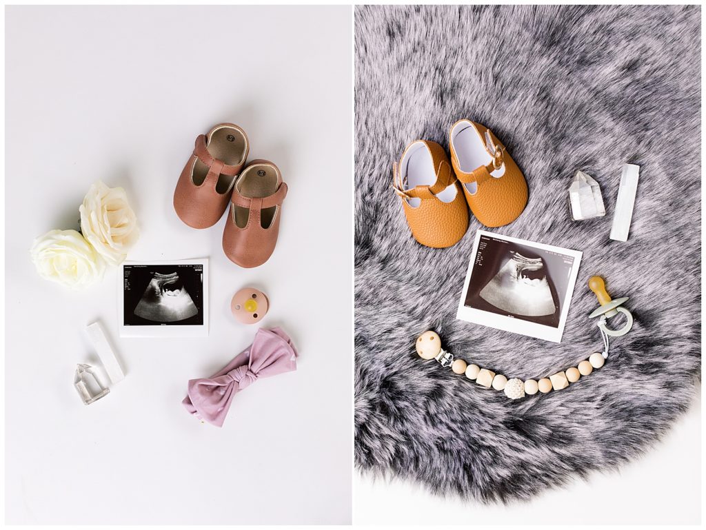 two flat lay photos of brown baby shoes, an ultrasound photo, a mauve headband and pacifier, two white roses, and two white crystals by film photographer AGS Photo Art
