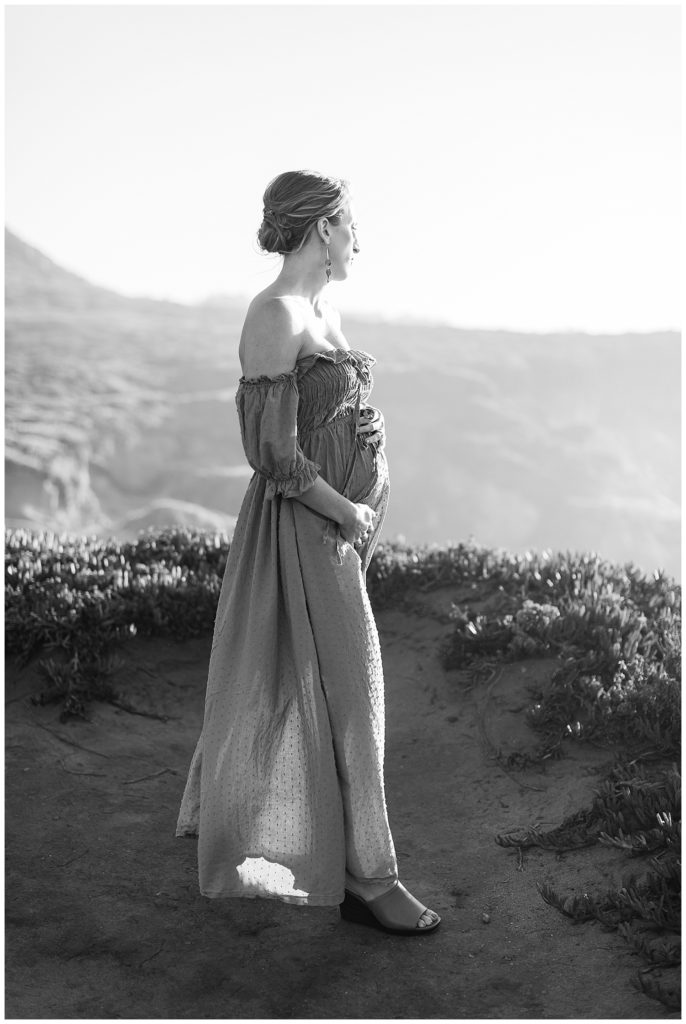black and white maternity session portrait of a pregnant mother in a long dress overlooking the beach by film photographer AGS Photo Art