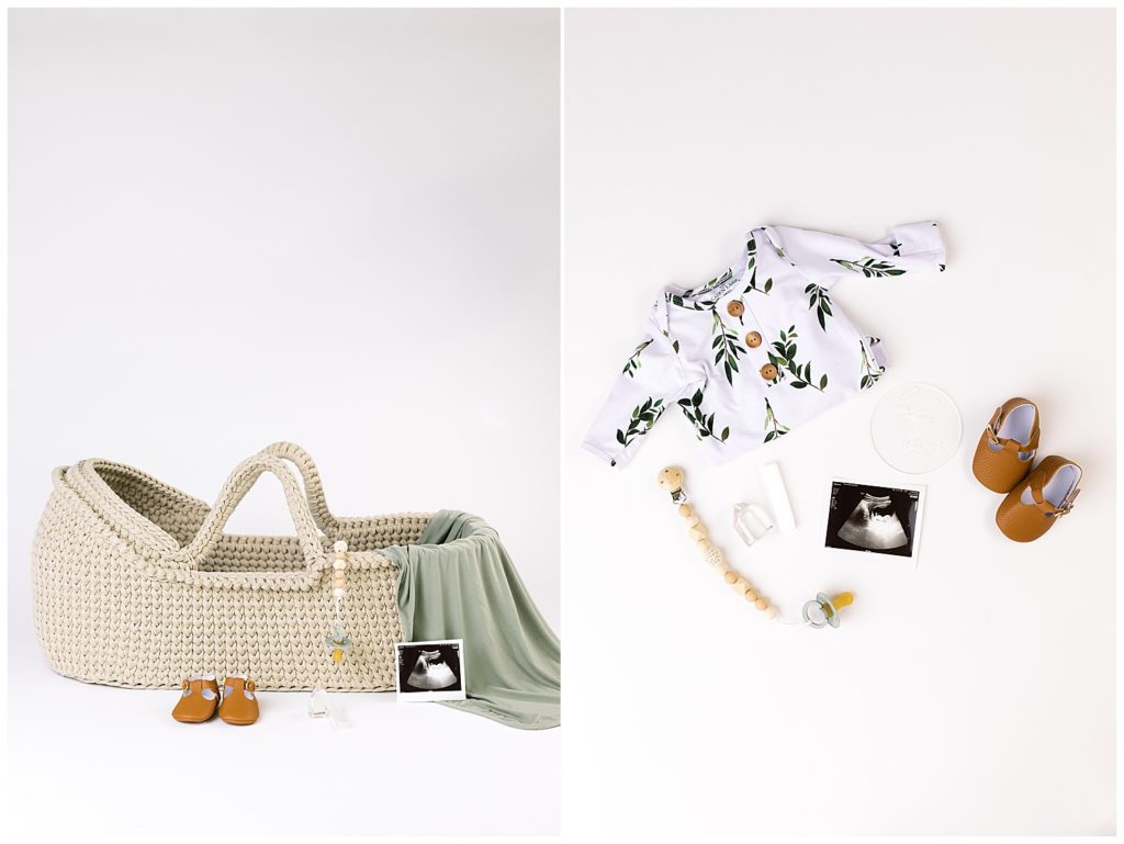 two photos, one of a bassinet with brown baby shoes, a green blanket and pacifyer and an ultrasound photo; the other is of a white baby clothes with green leaves and brown buttons, there are brown baby shoes, an ultrasound photo, a green pacifier, and white crystals by film photographer AGS Photo Art