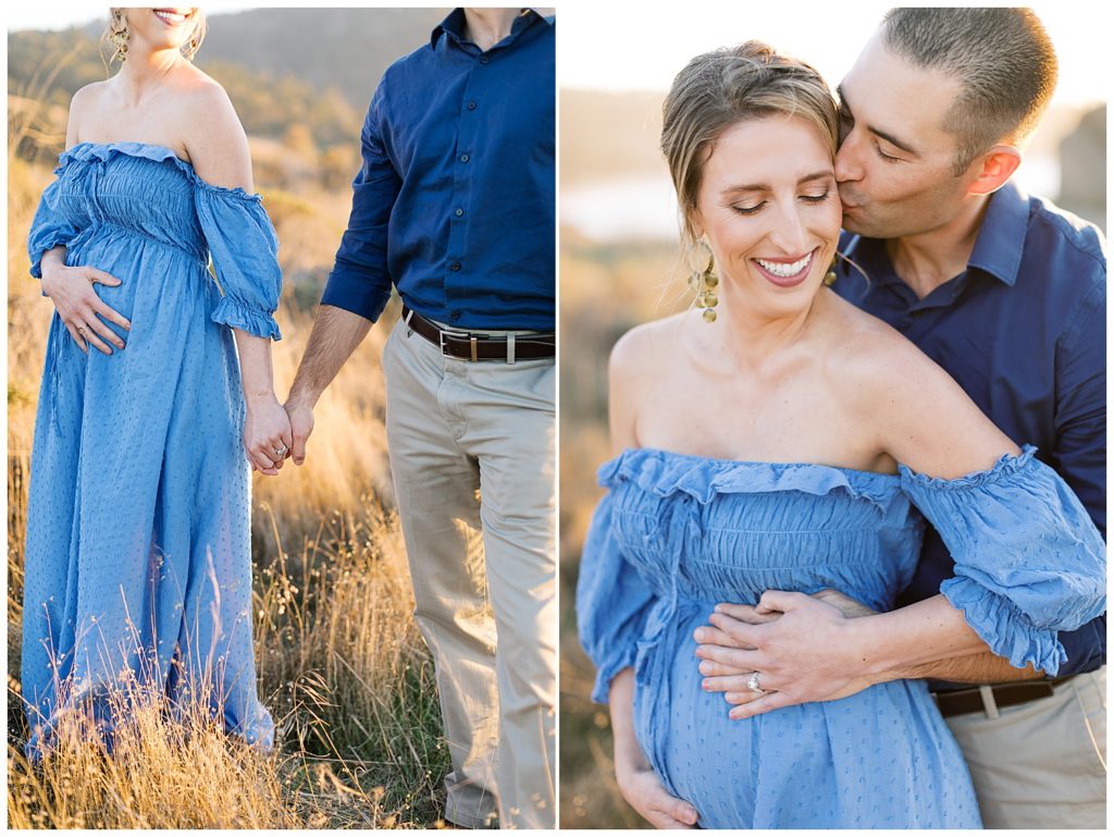 new mother and father portraits dressed in blue standing in a golden field