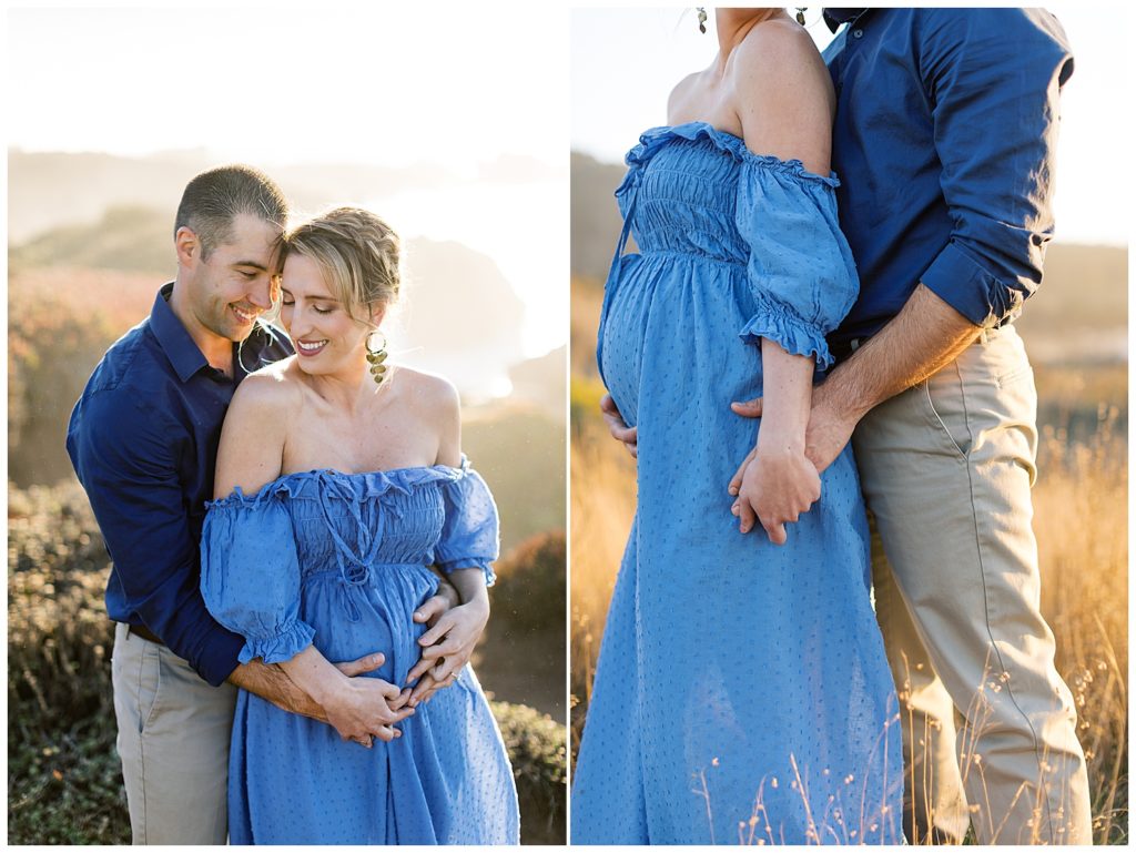 Big Sur maternity session portraits of new mother and father dressed in blue and embracing each other