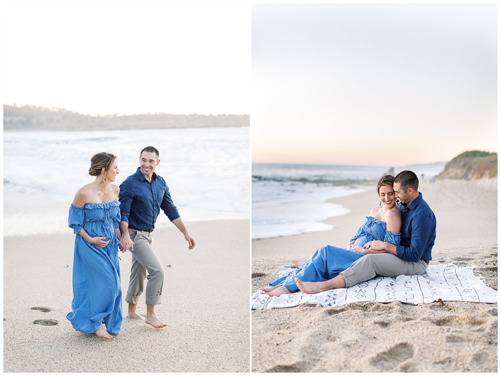 beach portraits for Big Sur maternity session of soon to be new parents relaxing on the Big Sur beach shoreline