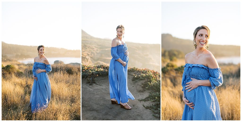 three portraits of a new mother in a blue dress celebrating her maternity by film photographer AGS Photo Art